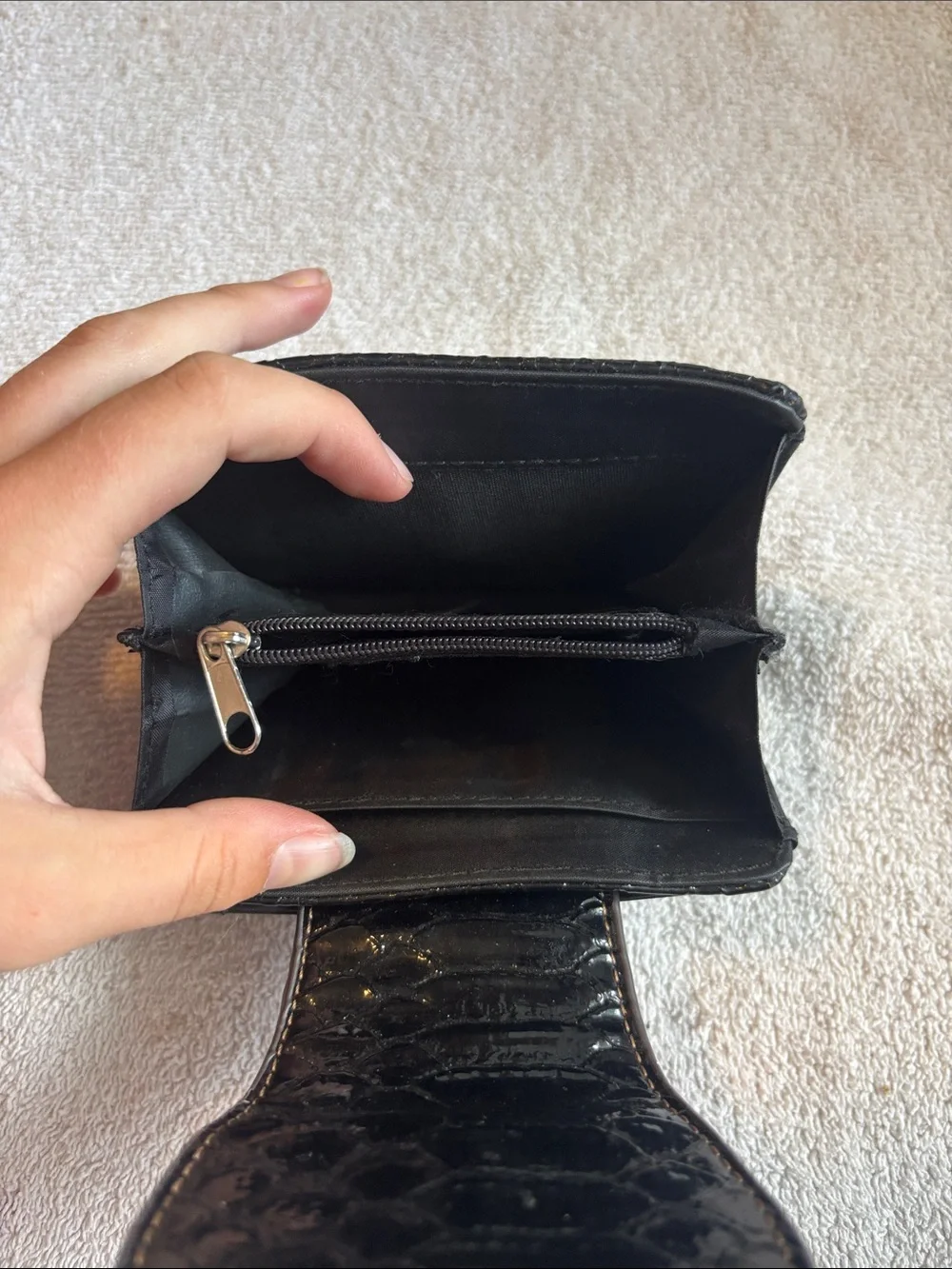Black Patent Croc Card Wallet with Oval Metal Accent